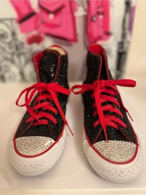 Custom Bling Converse High Tops - Black Sequin & Crystals - Women’s 6 / Men’s 4